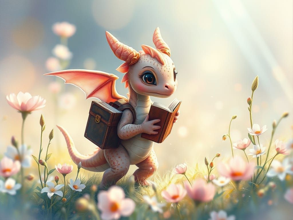 Baby Dragon Treks Through Crystal Meadow, Watercolor Style