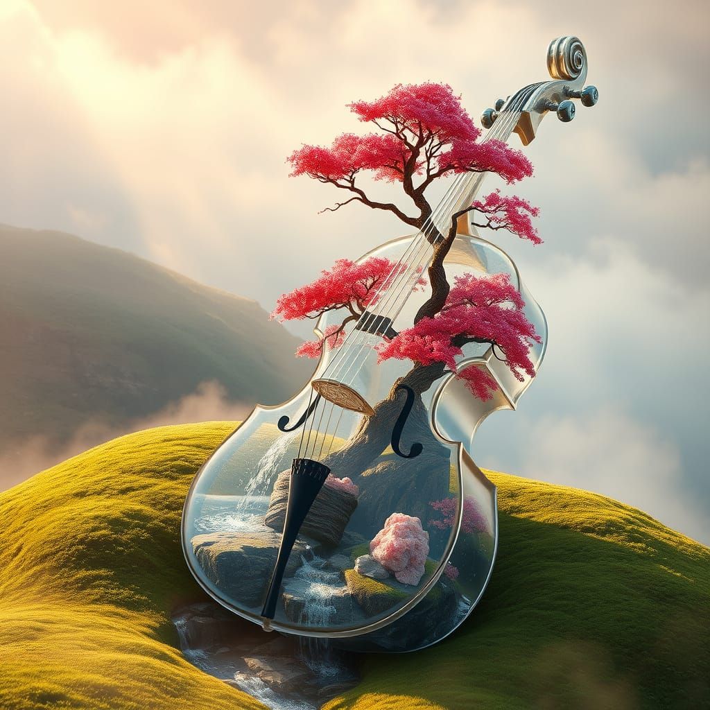 Crystal Cello Emerges from Emerald Hill in Ethereal Harmony