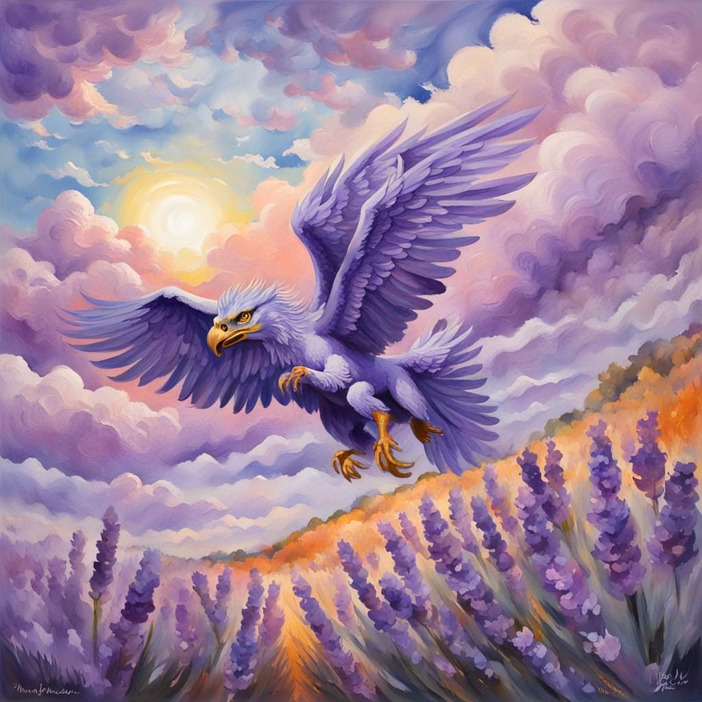 Griffin Soaring Through Lavender Sky as Gouache Painting