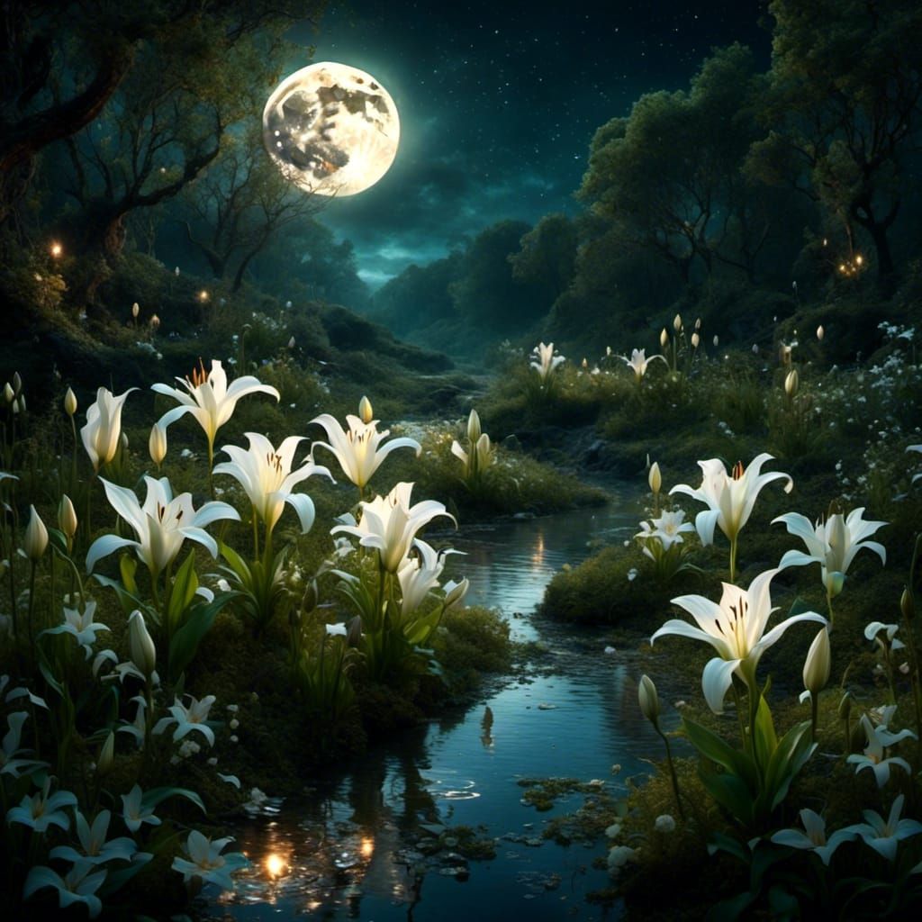 Blooming White Lilies Under a Starry Night