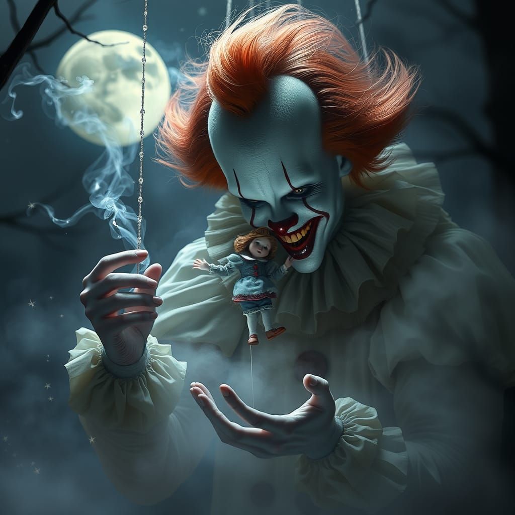 Pennywise as Macabre Puppeteer in Dreamlike Landscape