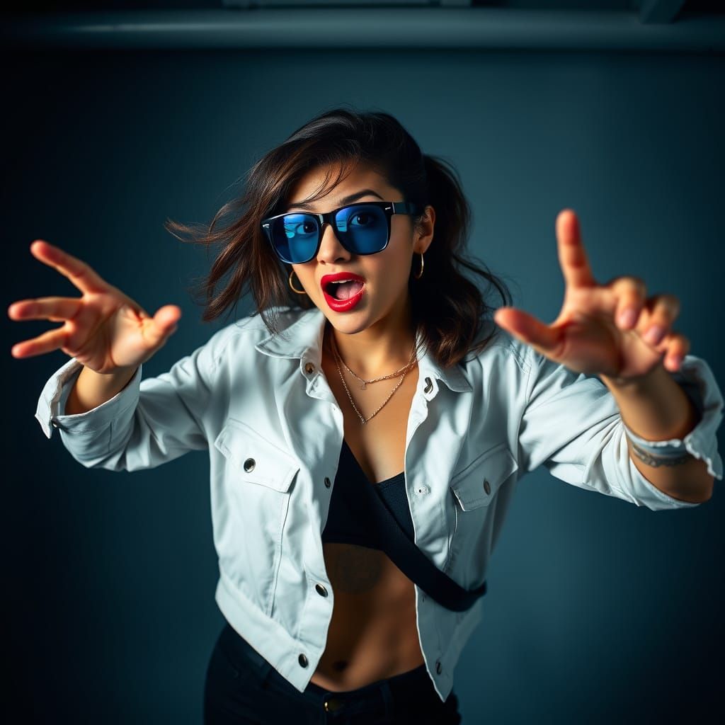 Dynamic Portrait of Expressive Young Woman in Bold Style