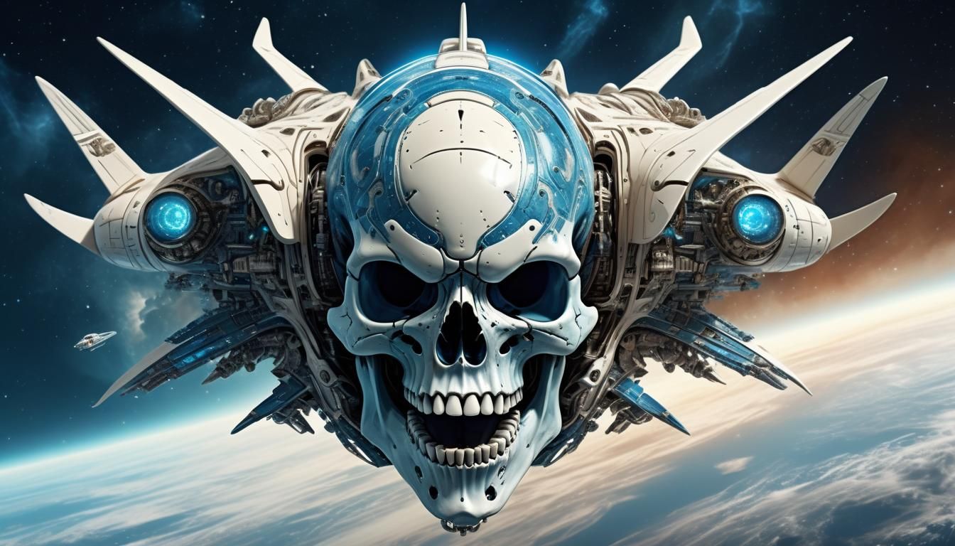 Skull Spaceship at Warp Speed in Cosmic Flight