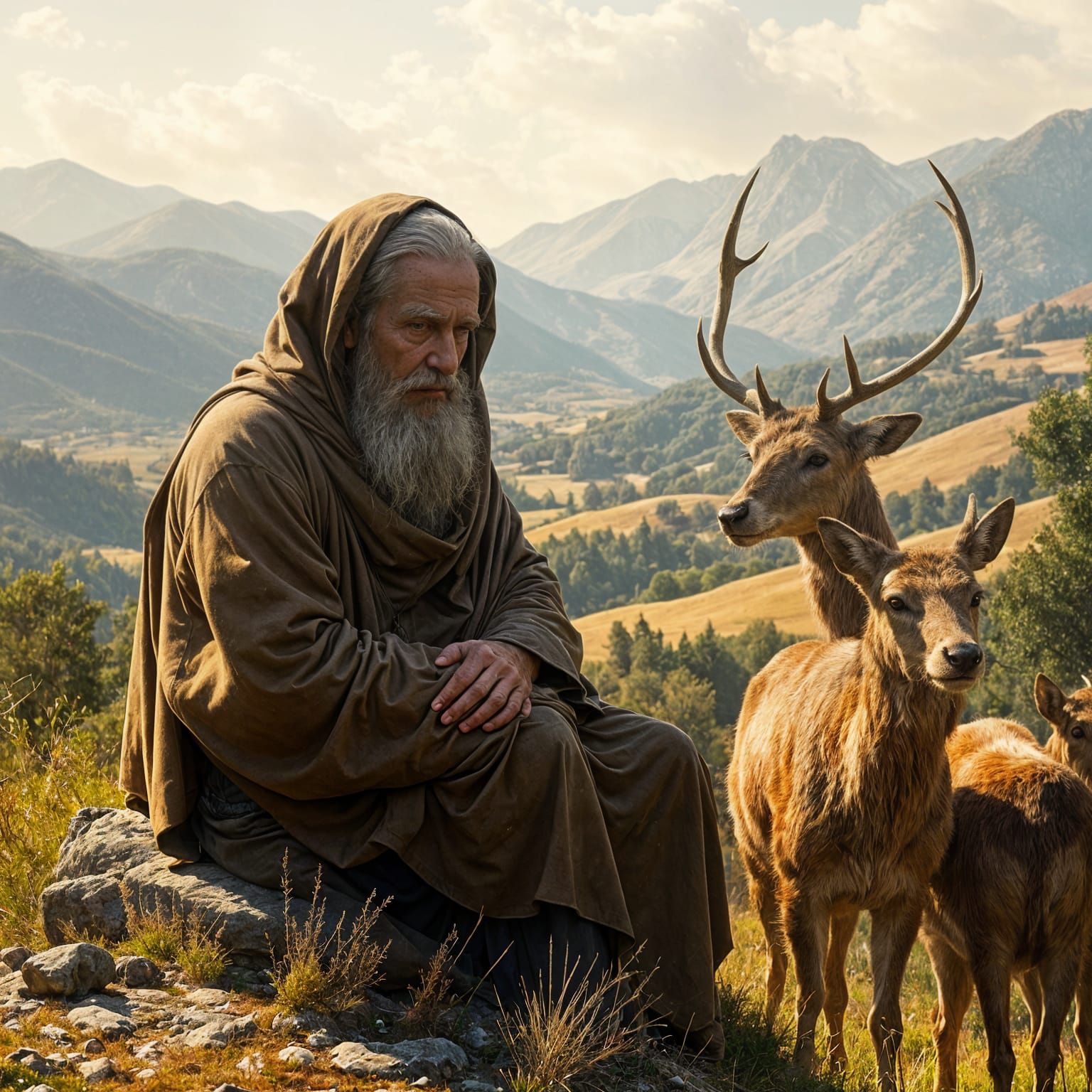 Wisdom in Sunlit Solitude: Oil Painting