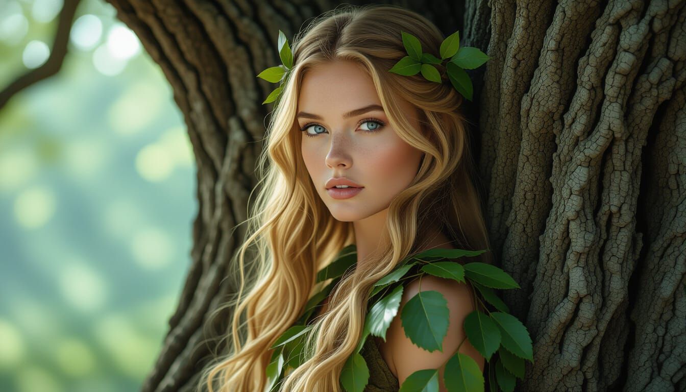 Ethereal Woman Blends with Ancient Oak in Natural Light