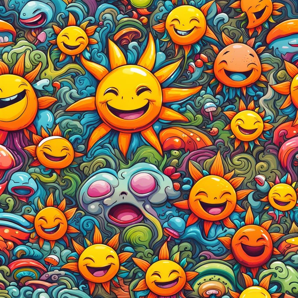 Smiling Sun and Cartoon Creatures in Graffiti Art