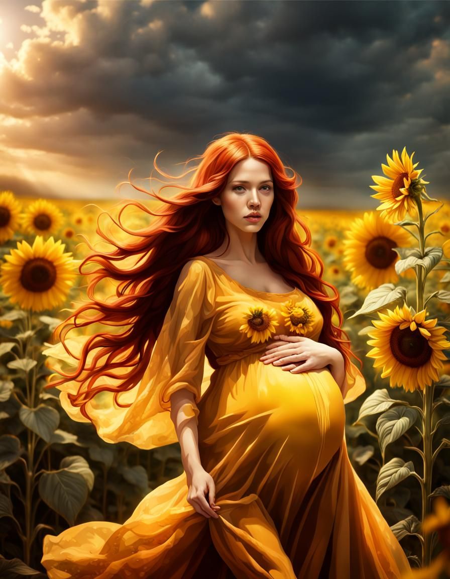 Pregnant Woman in Sunflower Field: Digital Matte Painting