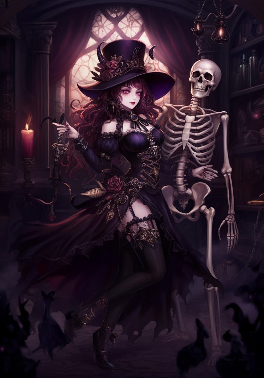 Sorceress in Dark Fantasy Dance with a Skeleton