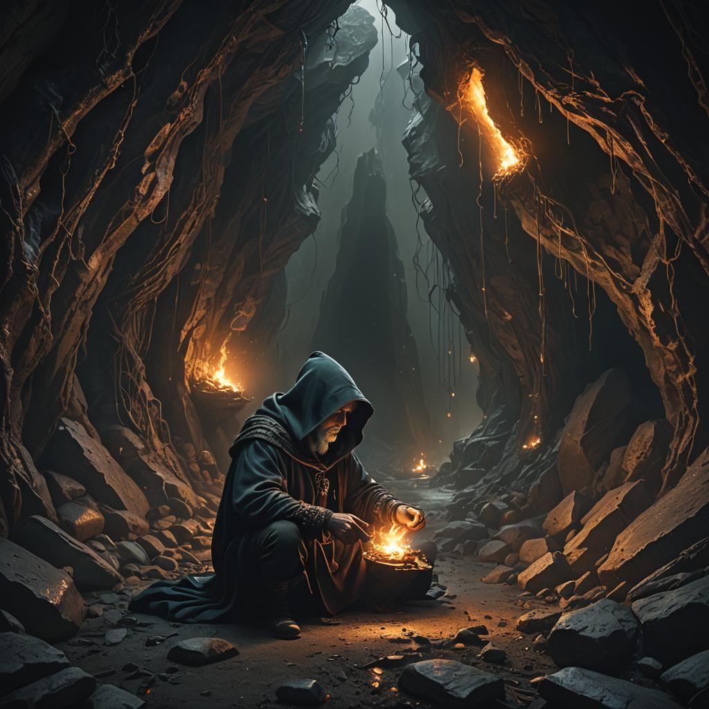 Hooded Wizard Conjures Flame in Dark Cave