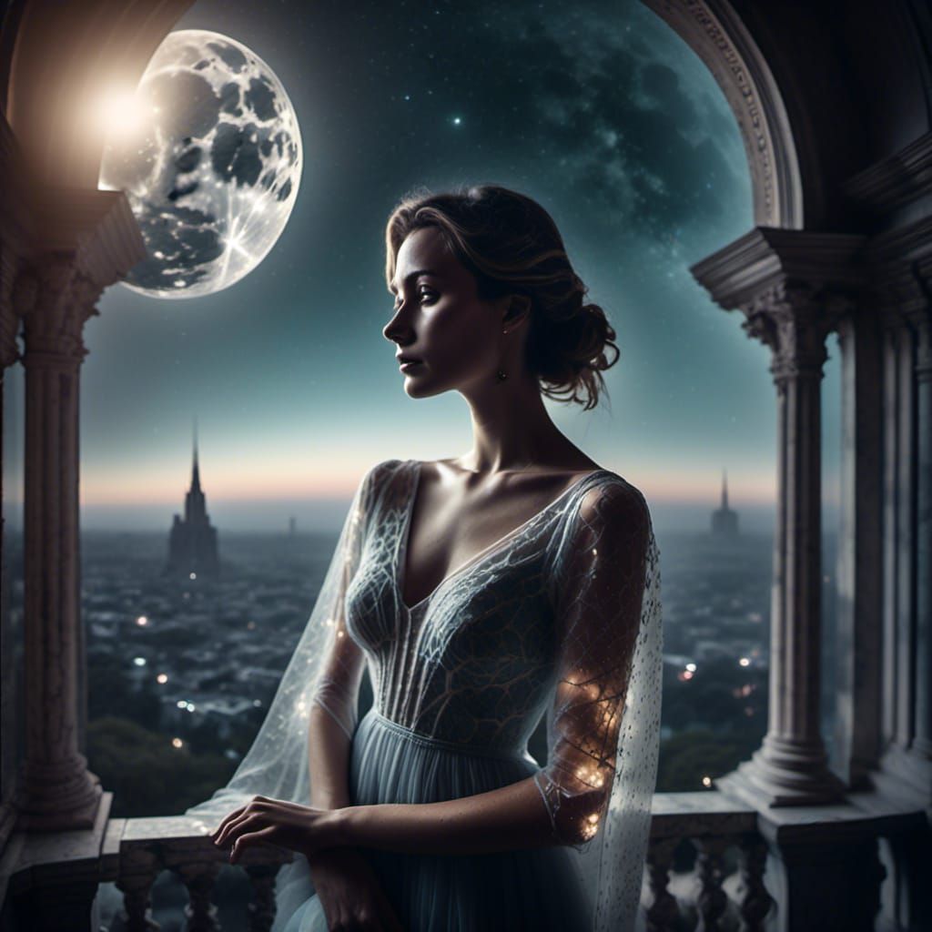 Ethereal Woman on Balcony in Double Exposure