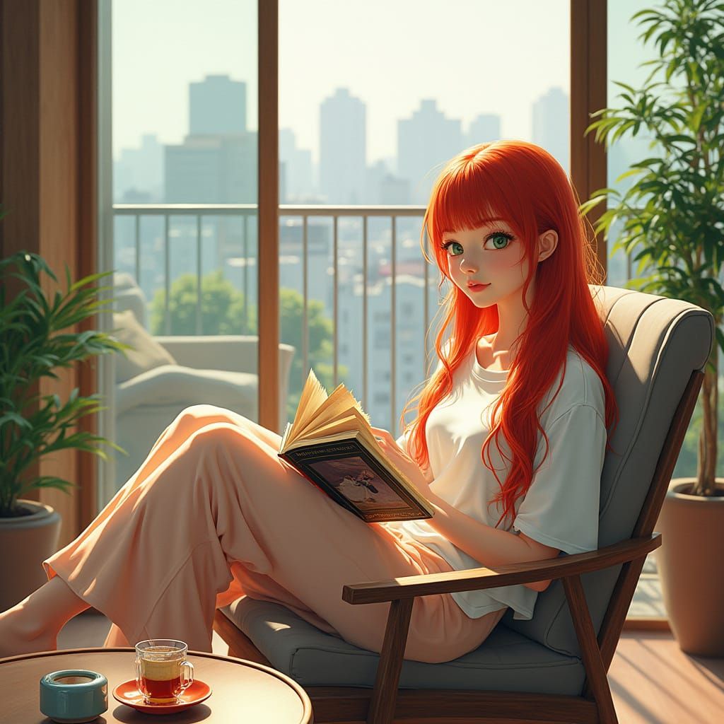 Japanese Woman Reading in Tokyo Apartment, Hyperrealistic
