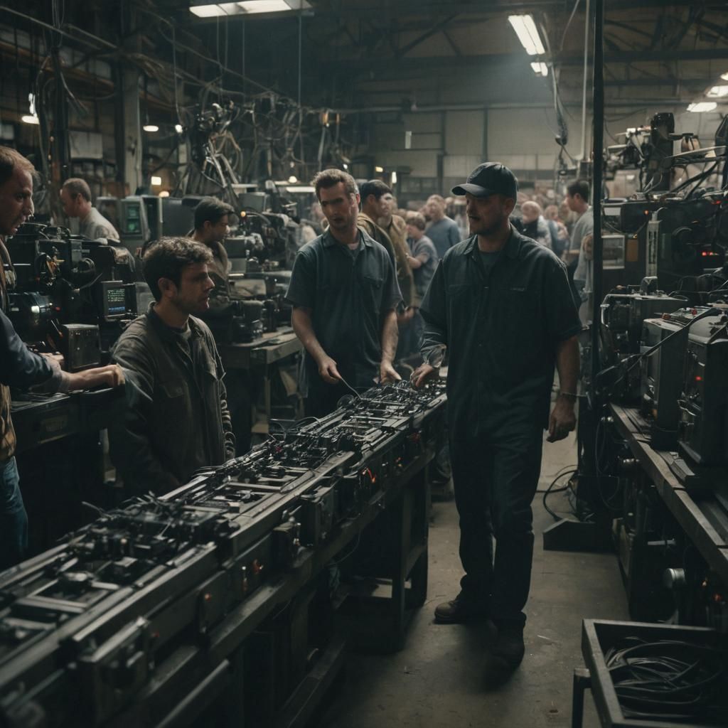 Cinematic Warehouse Scene with Men and Machinery