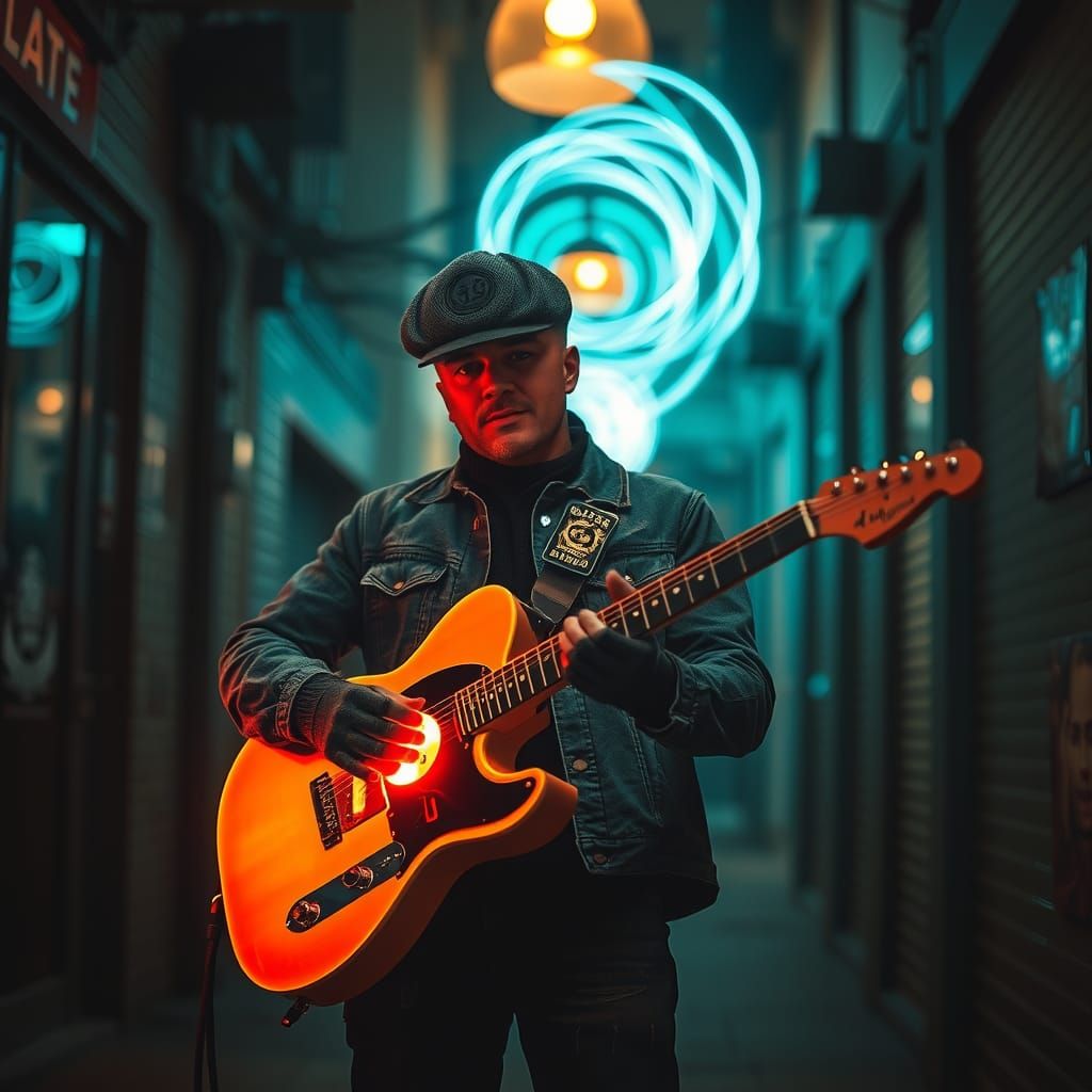 Glowing Guitar Street Musician in Neon Lit Alley