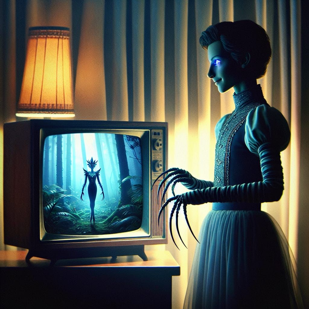 Gothic Princess Silhouetted in 90s Hotel Room, TV Displaying...