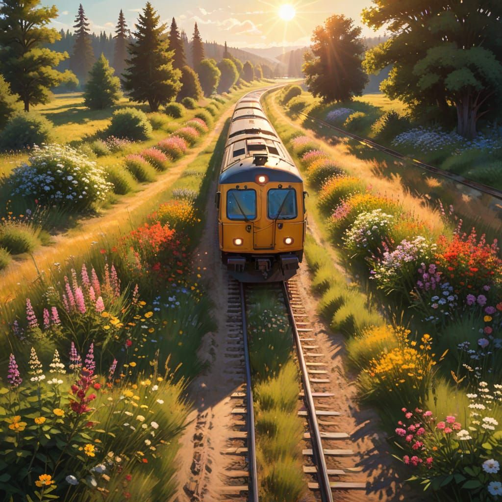 Serene Train Journey Through Vibrant Wildflower Meadow