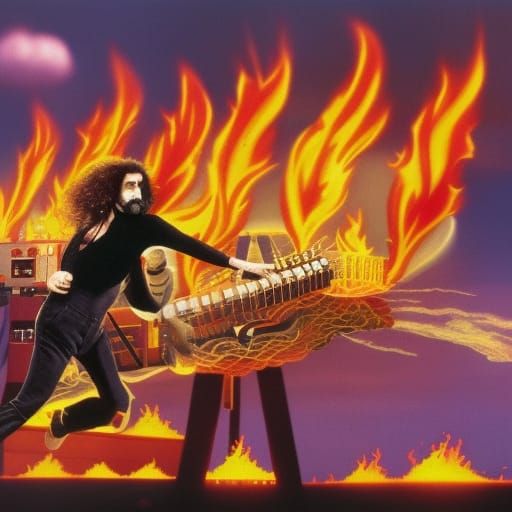 Frank Zappa Flies on Flaming Guitar: Atompunk Art