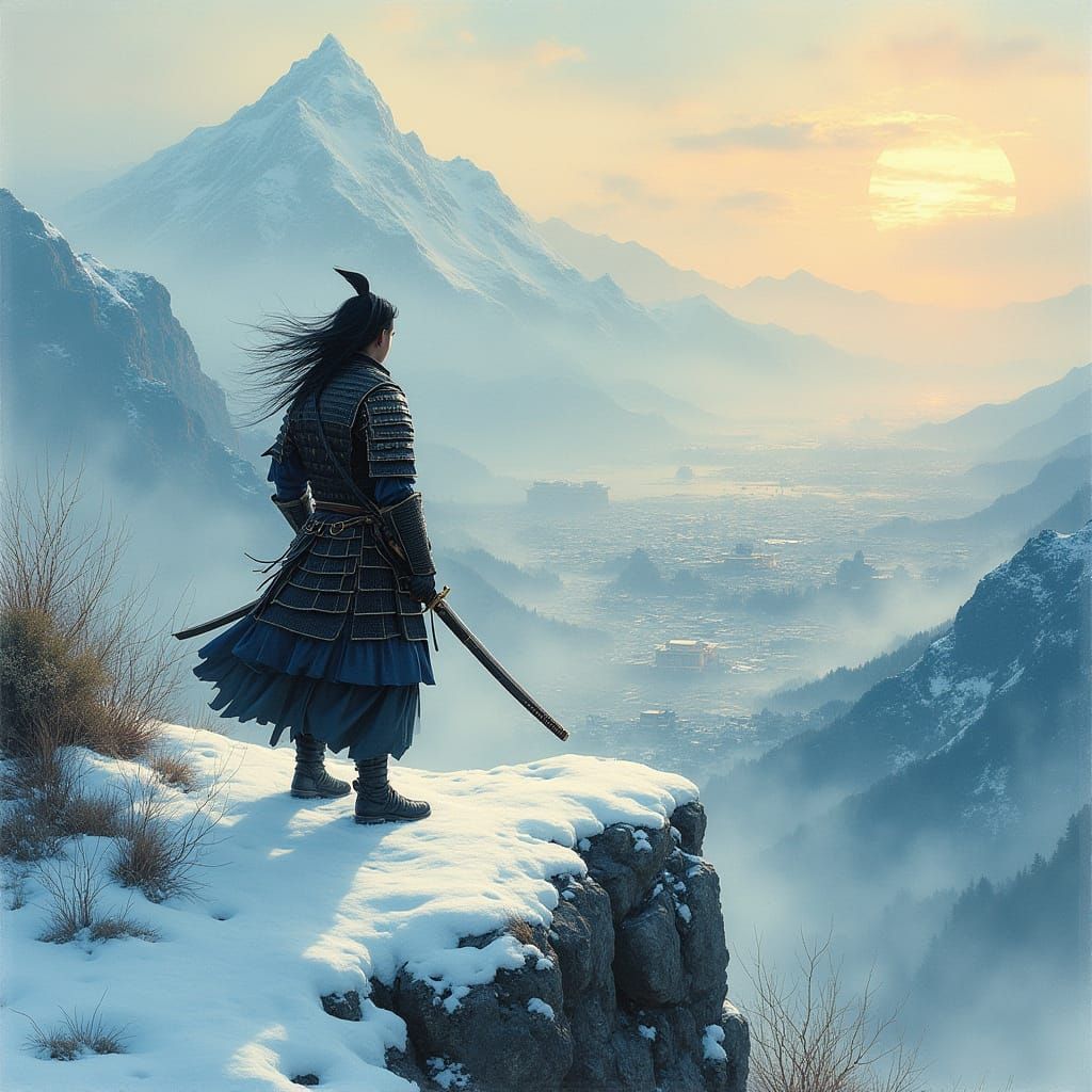 Samurai Warrior on Snowy Peak: Japanese Ink Wash Painting