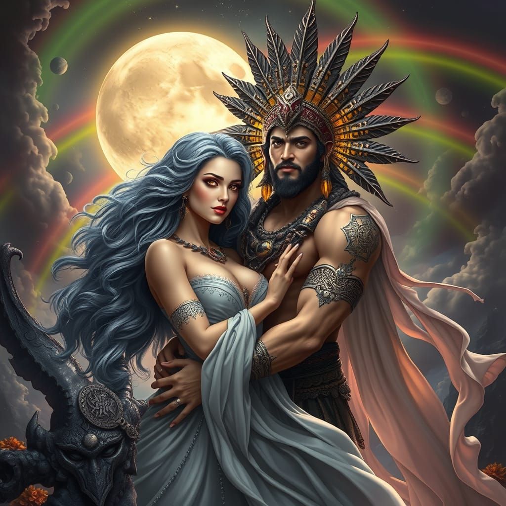 Cosmic Embrace: Moon Goddess and Sun God