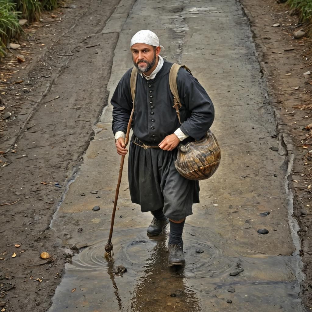 Pilgrim on Forest Path as Oil Painting