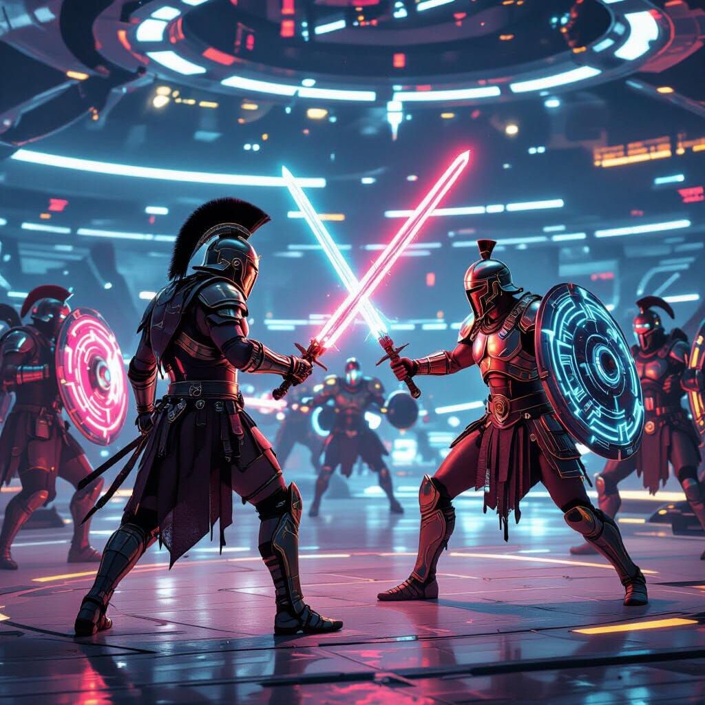 Futuristic Roman Gladiators Clash in Neon Arena