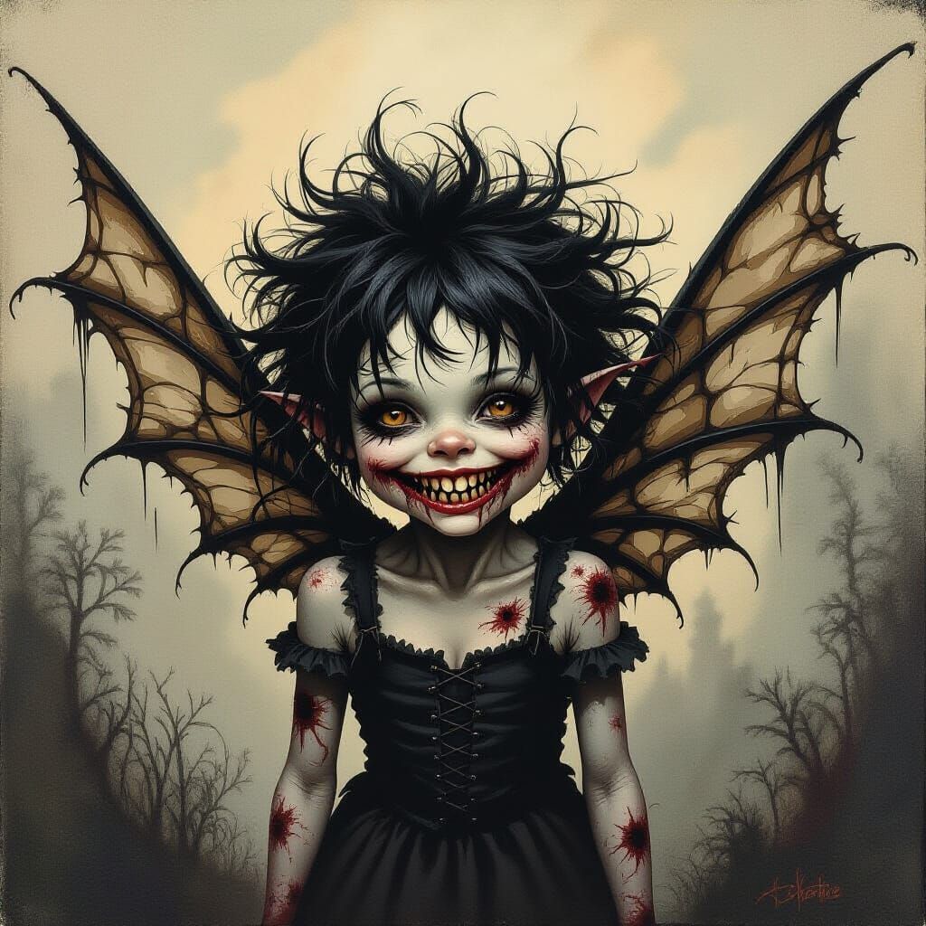 Eerie Bone-Winged Creature in Haunting Etching Style