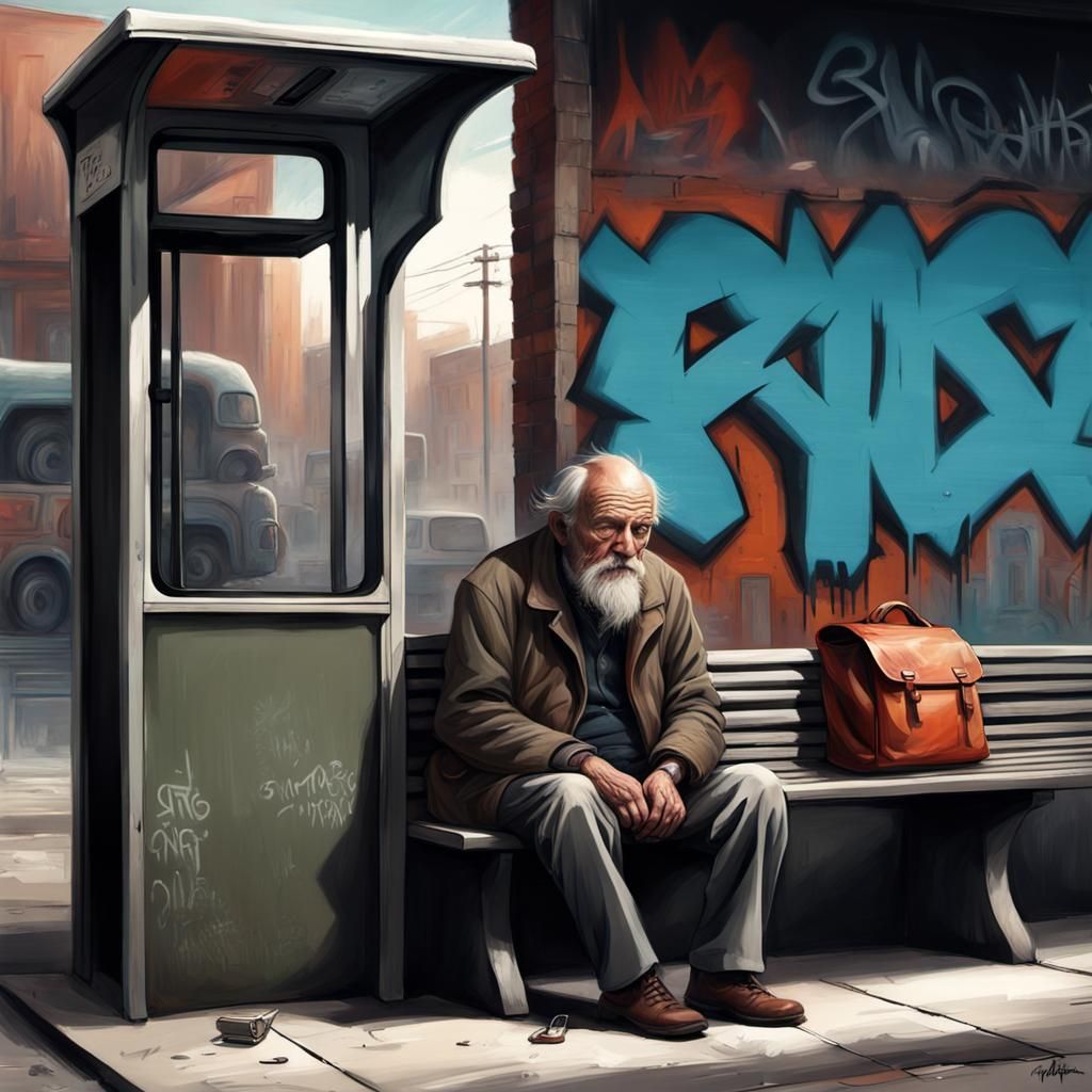 Old Man at Bus Stop in Graffiti Style