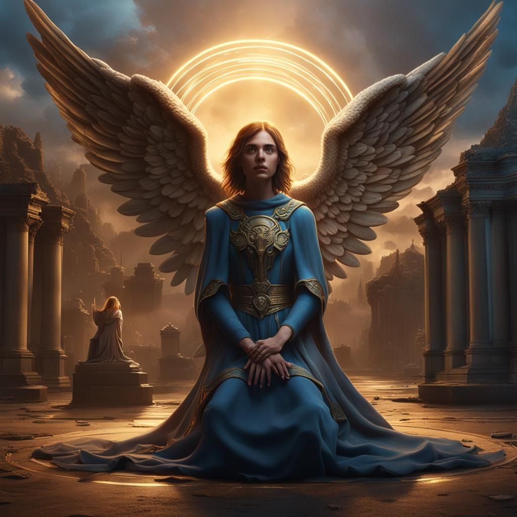 Haloed Woman and Kneeling Angel in Detailed Digital Art