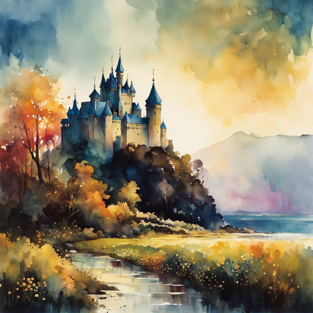 Castle in Chiaroscuro Alcohol Ink and Watercolor Style