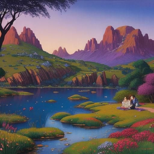 Picnic on Rocky Island in Painterly Style