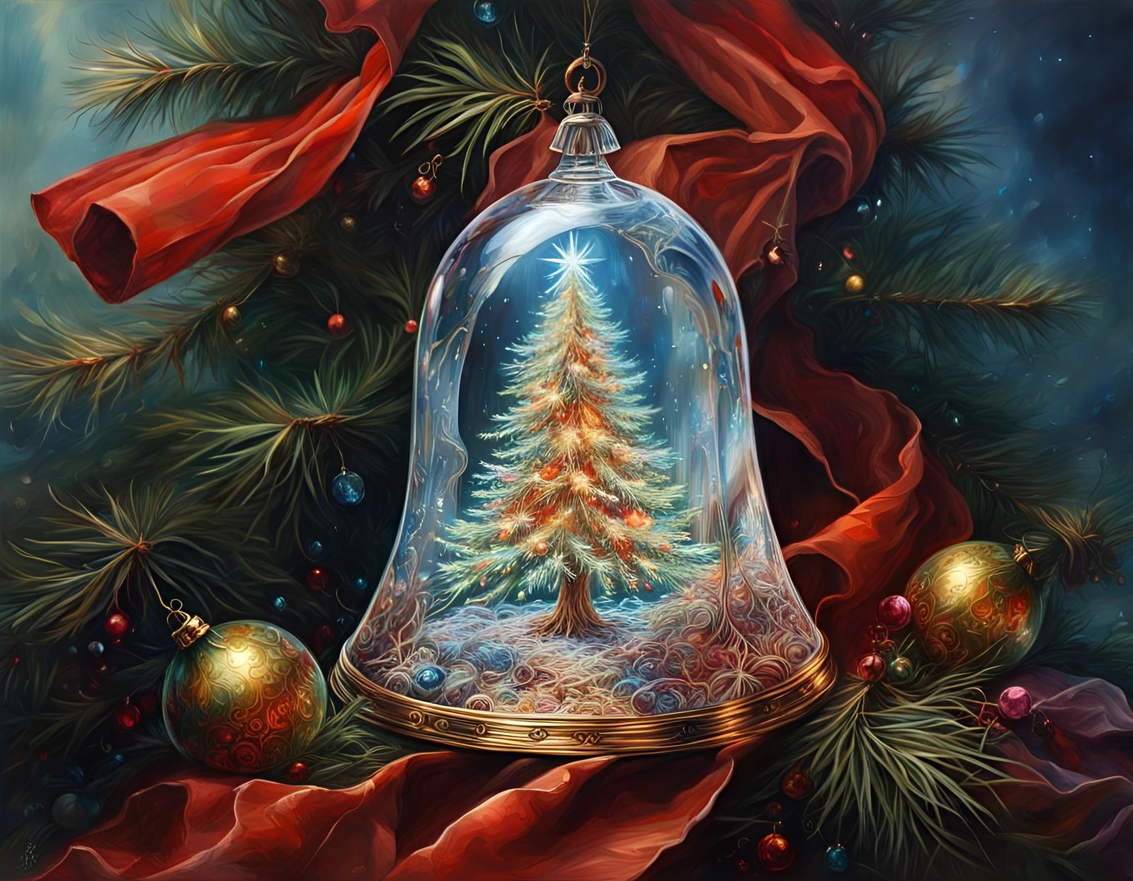 Hyperrealistic Crystal Christmas Tree with Glass Bell