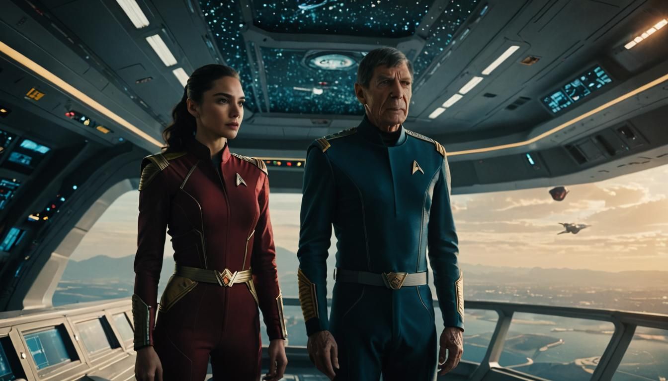 Gal Gadot is the Captain of the Spaceship U.S.S. Enterprise. Leonard Nimoy as Spock stands next to her