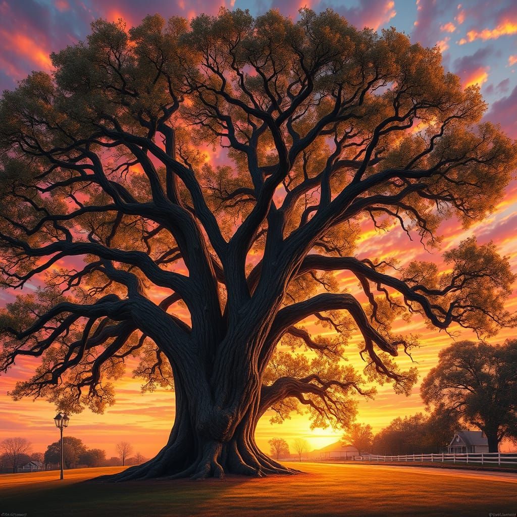 Majestic Oak Tree in Vibrant Electric Sunset