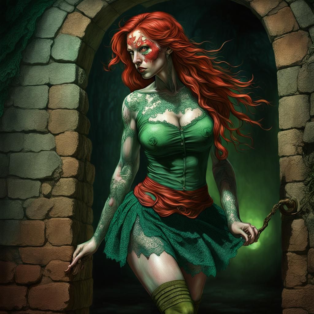 Red-Haired Woman in Dungeon, Hyperrealistic Splash Art