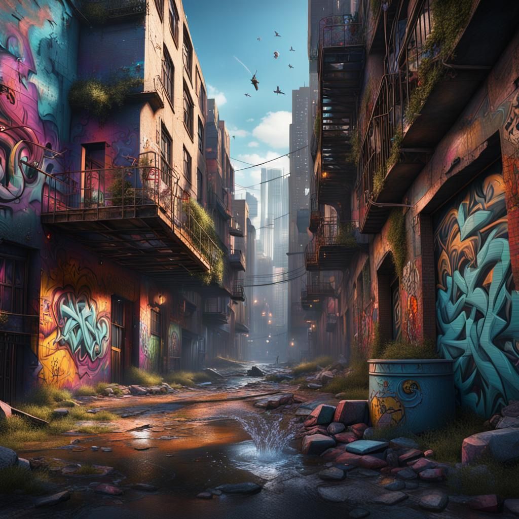 Urban Graffiti Art in Detailed Matte Painting Style