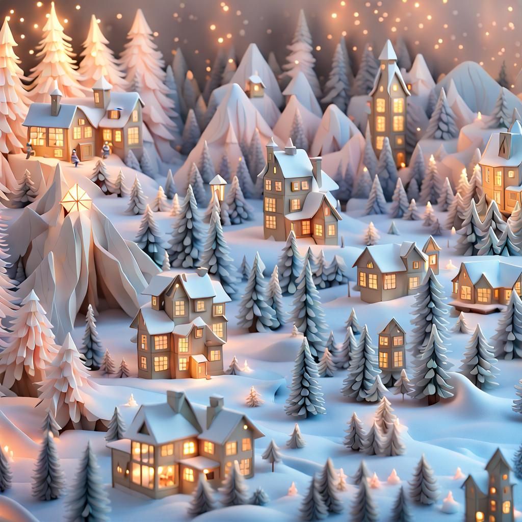 Magical Christmas Origami Scene in Pastel Colors