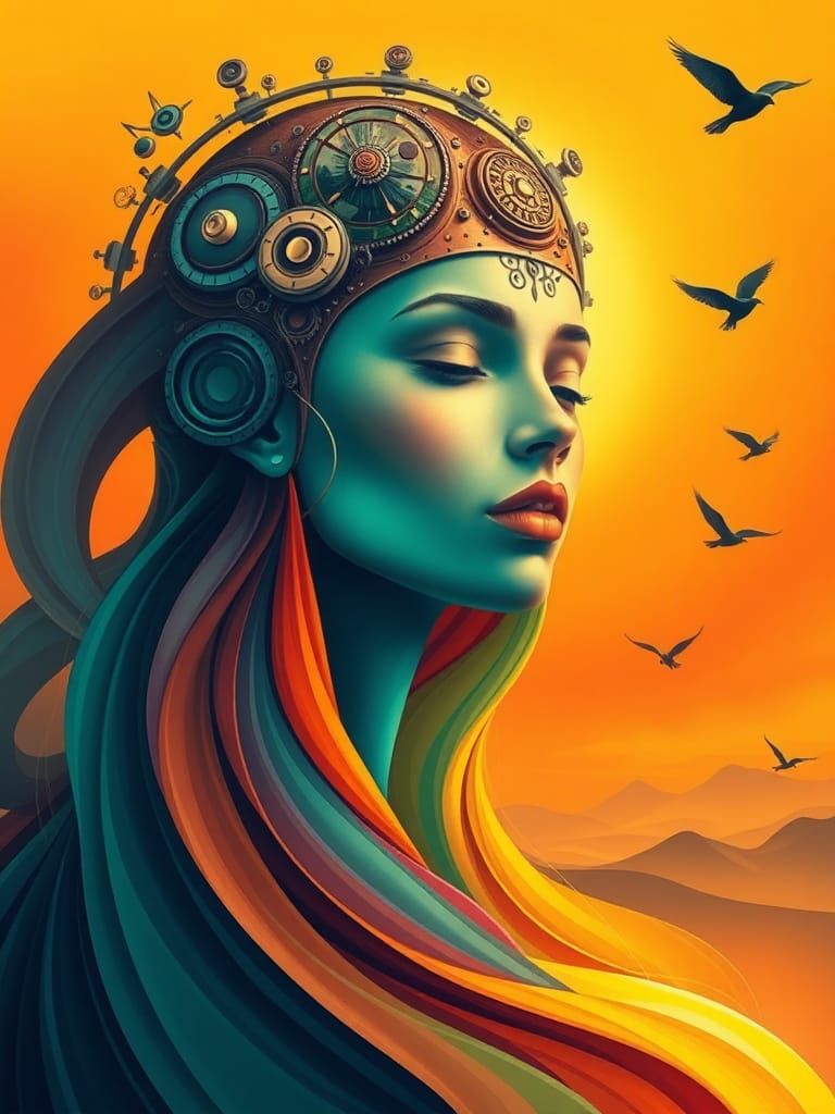 Abstract Woman with Mechanical Crown in Ethereal Landscape