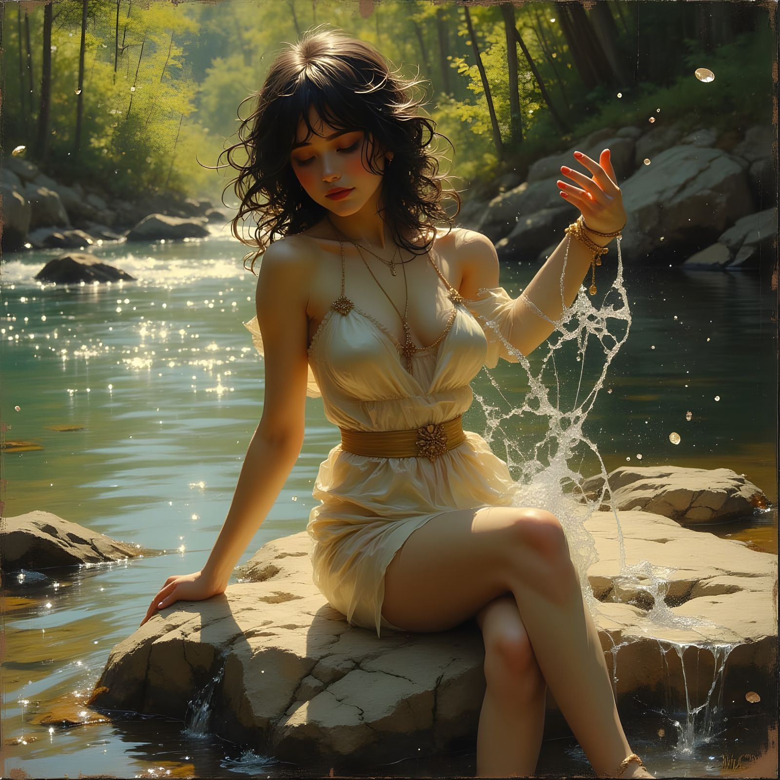 Playful Woman Splashing in Summer Sunlight