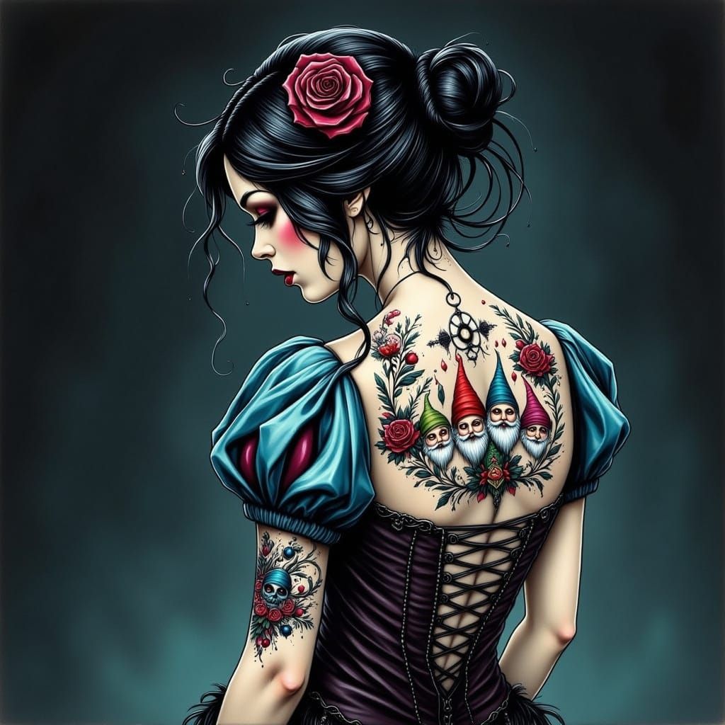 Ethereal Goth Snow White with Disney-Inspired Tattoo Art