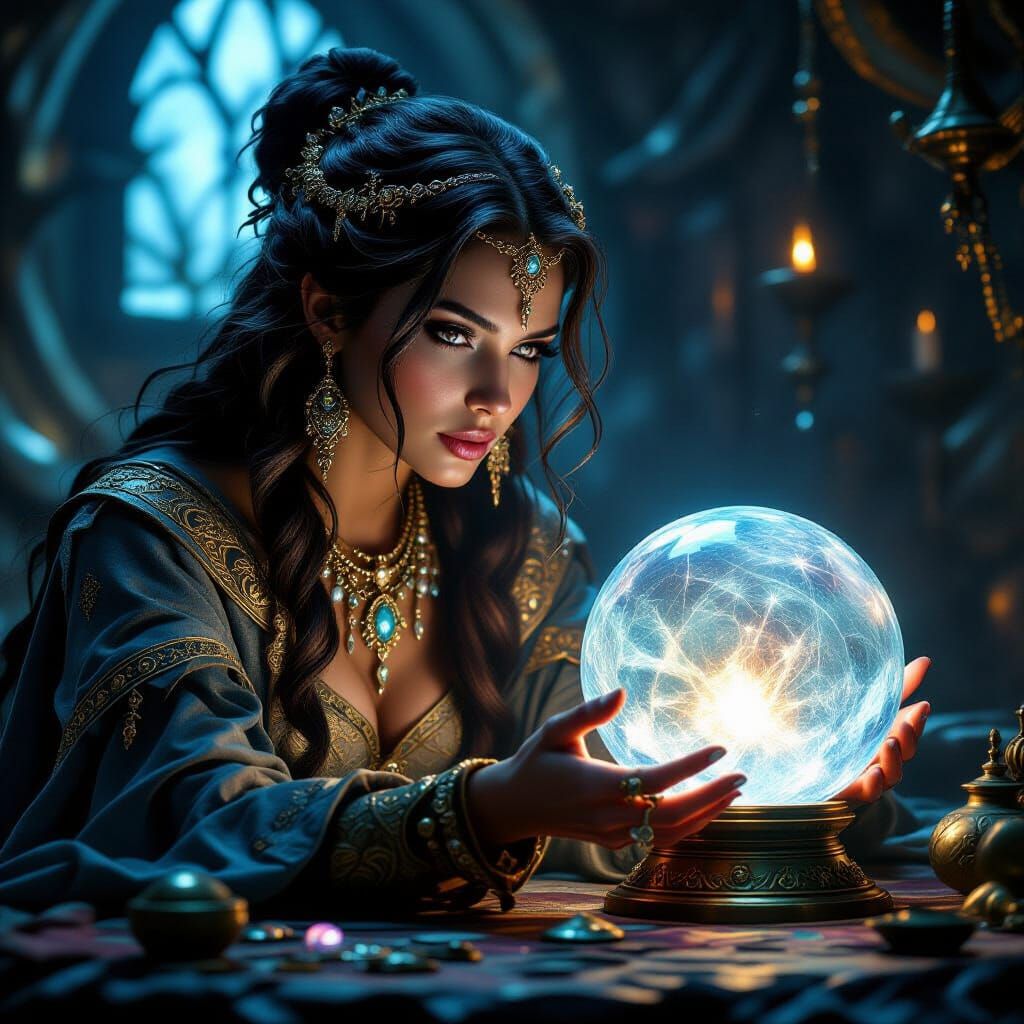 Sorceress Gazing into Crystal Ball in Photorealistic Detail