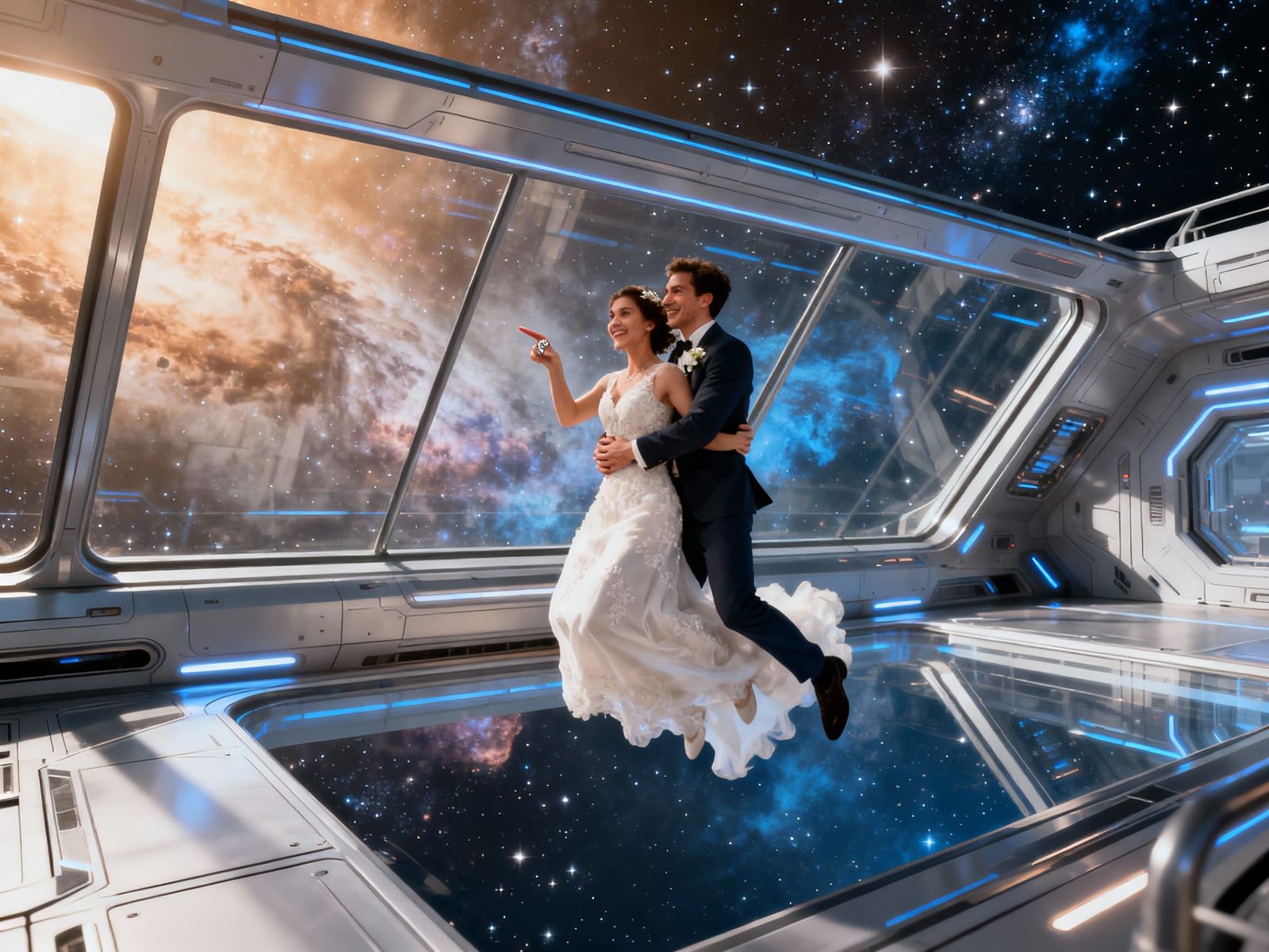 Futuristic Sci-Fi Wedding in Zero Gravity Spaceship