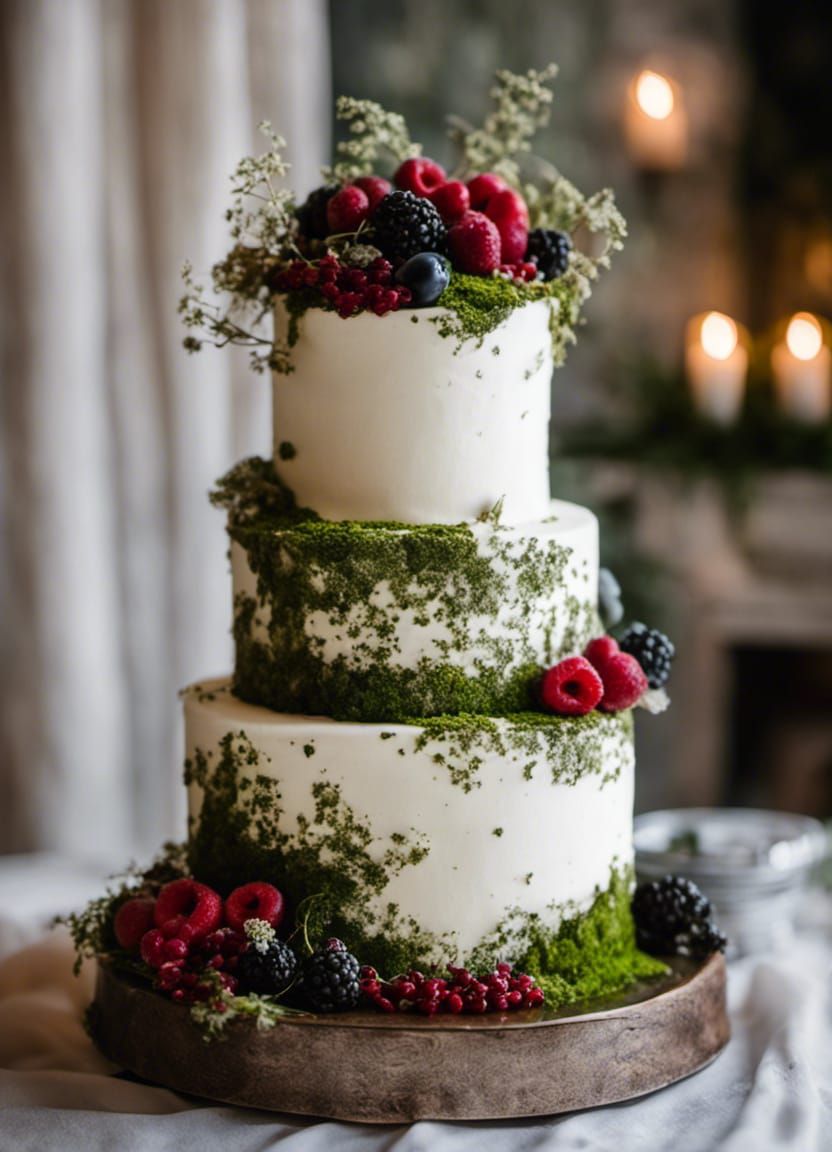 Cottagecore Wedding Cake with Moss and Berries