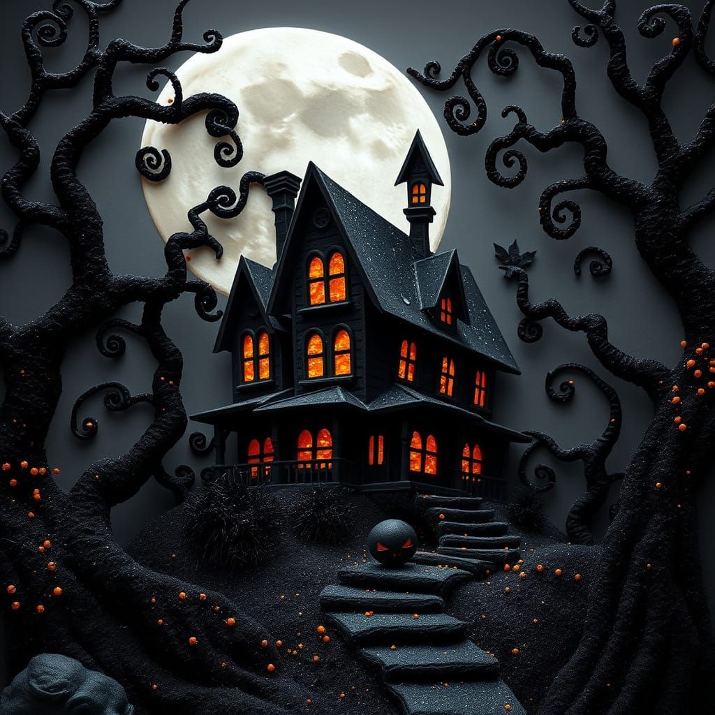 Spooky Haunted House in Glitter Felt Texture