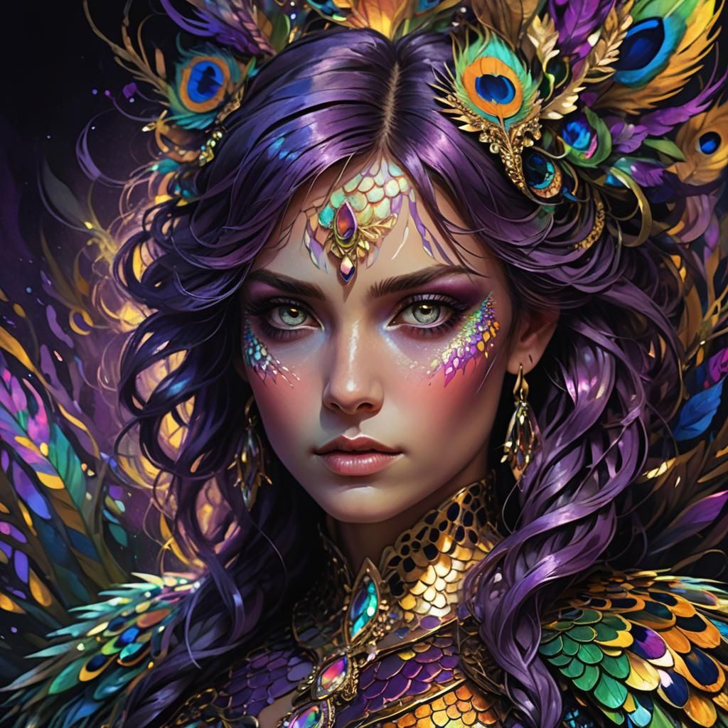 Fantasy Woman with Dragon Scales and Peacock Hair