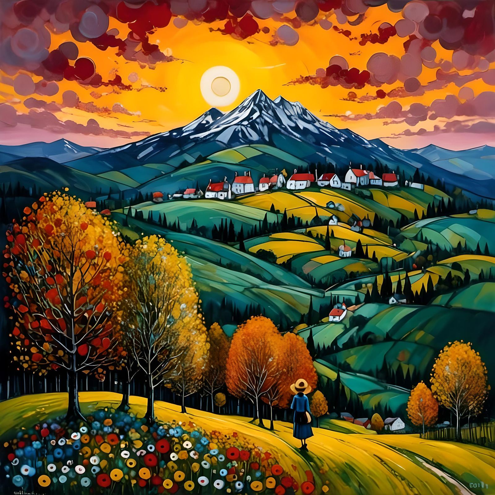 Whimsical Folk Art: Sunrise Mountain Dreams