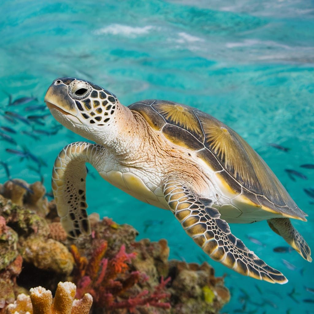 Green Sea Turtle Swimming in Turquoise Water