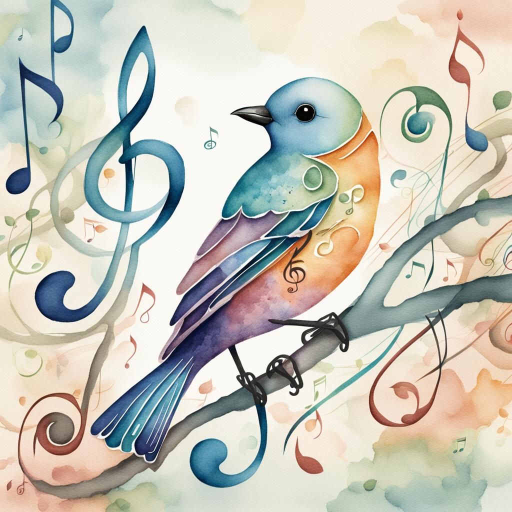 Musical Bird Illustration in Watercolor Style