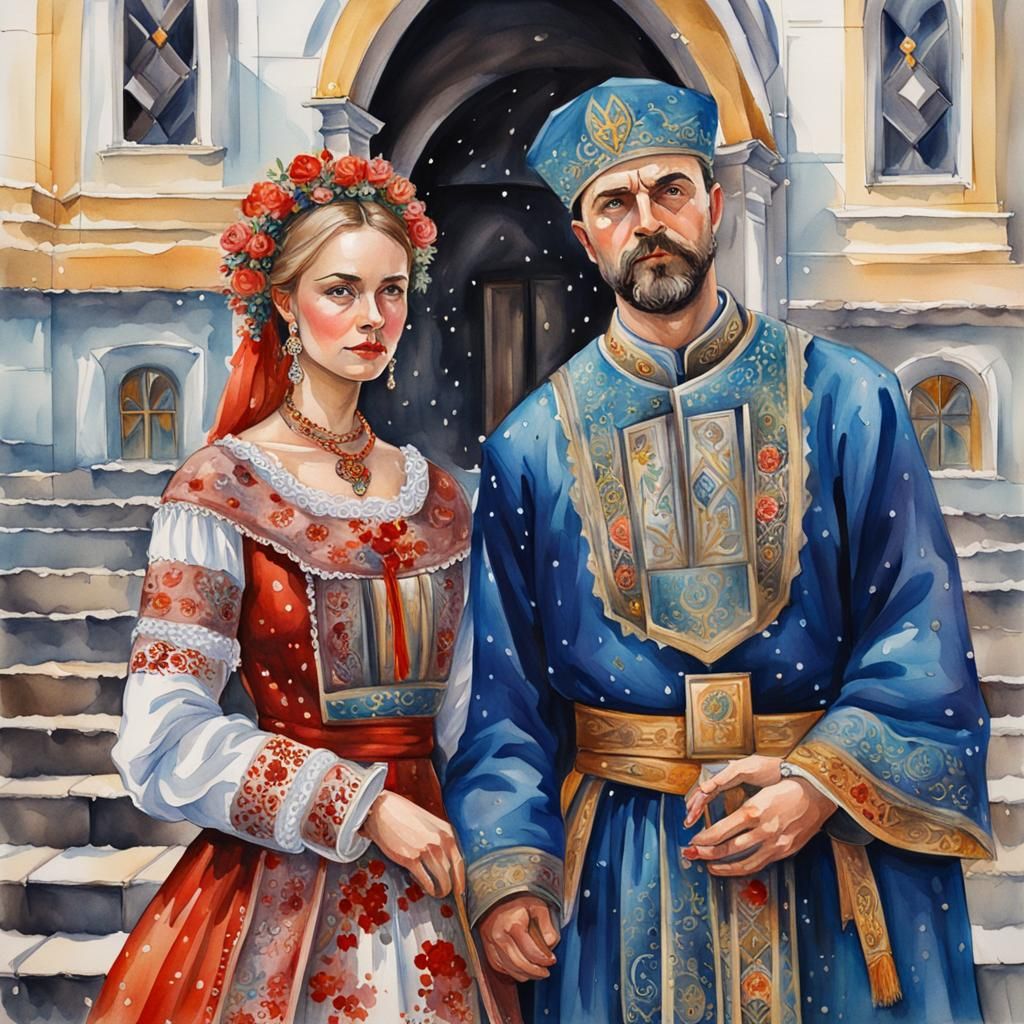 close-up full-length Ukrainian wedding couple in Ukrainian c...