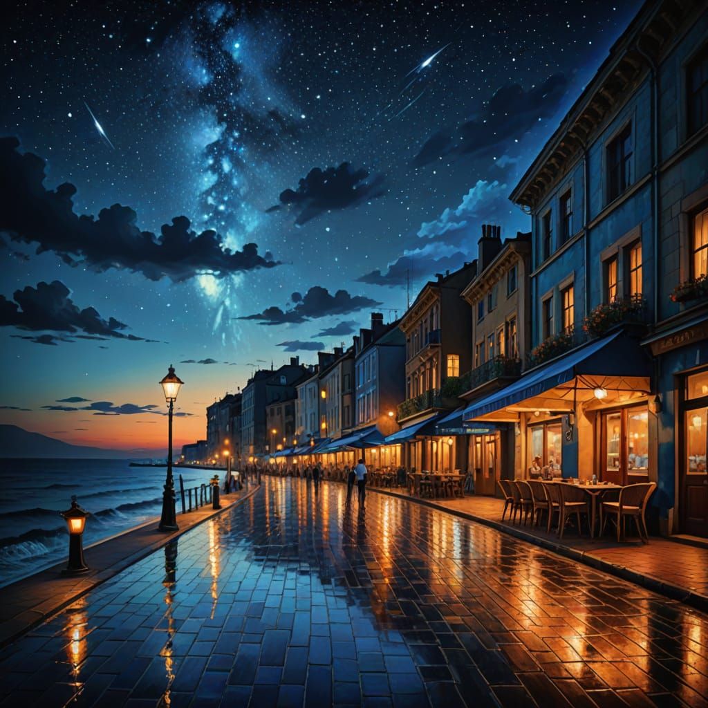 Vibrant Seaside Boulevard at Night in Warm Summer Glow