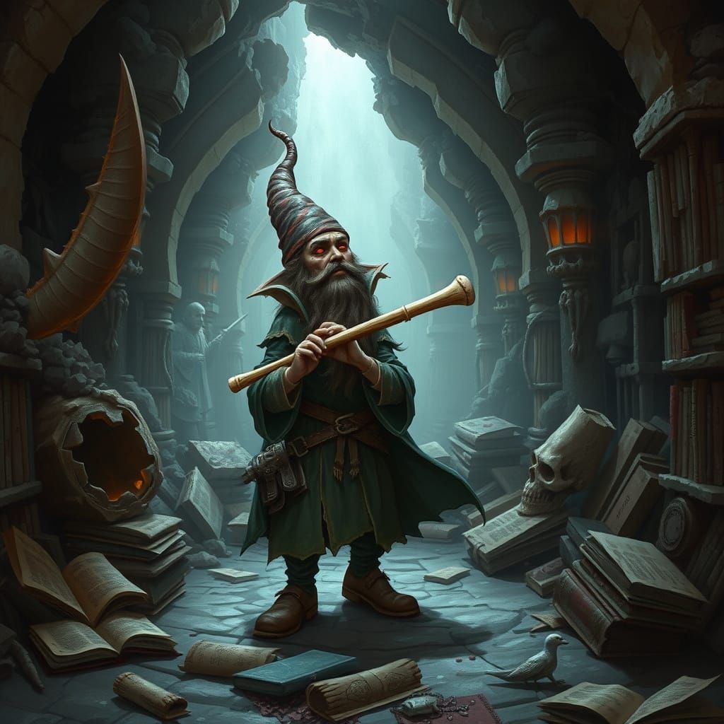 Haunted Gnome Bard Unveils Dark Secrets in Ruined Library