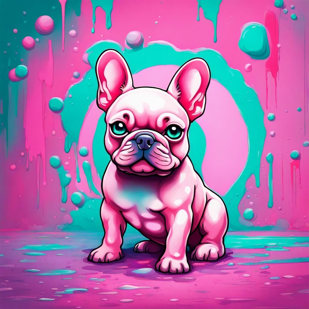 Pastel Pink Fluffy French Bulldog in Watercolor Style